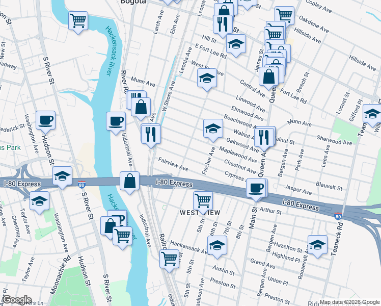 map of restaurants, bars, coffee shops, grocery stores, and more near 112 Chestnut Avenue in Bogota