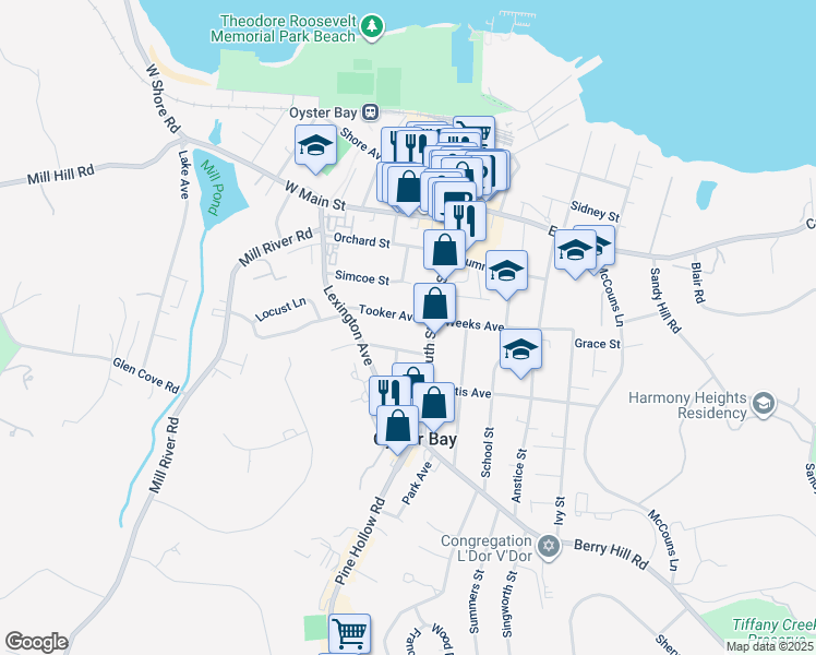 map of restaurants, bars, coffee shops, grocery stores, and more near 31 Tooker Avenue in Oyster Bay