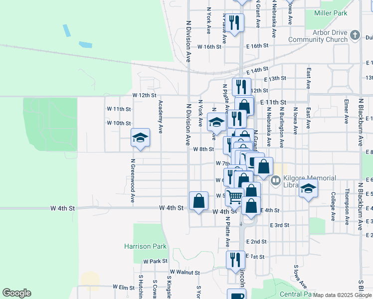 map of restaurants, bars, coffee shops, grocery stores, and more near 801 North Division Avenue in York