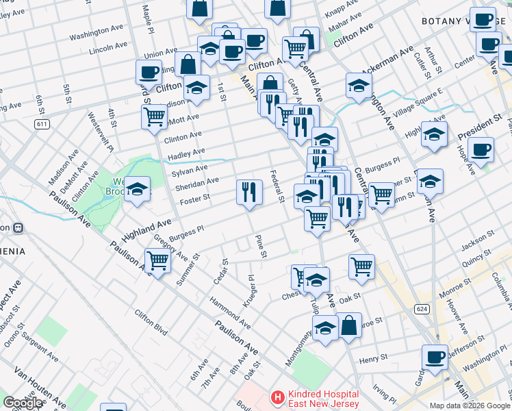 map of restaurants, bars, coffee shops, grocery stores, and more near 208 Burgess Place in Passaic