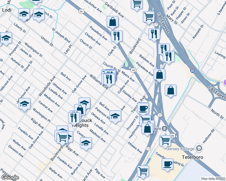 map of restaurants, bars, coffee shops, grocery stores, and more near 215 Williams Avenue in Hasbrouck Heights