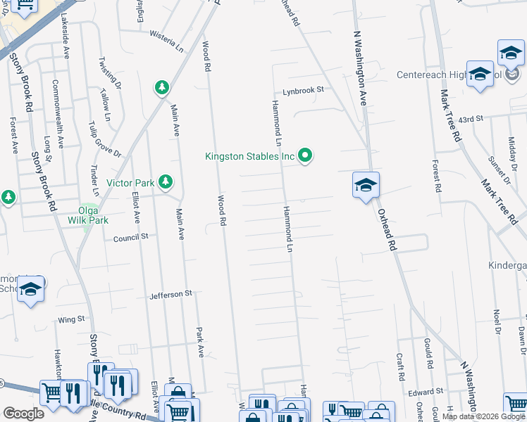 map of restaurants, bars, coffee shops, grocery stores, and more near 14 Maple Street in Centereach