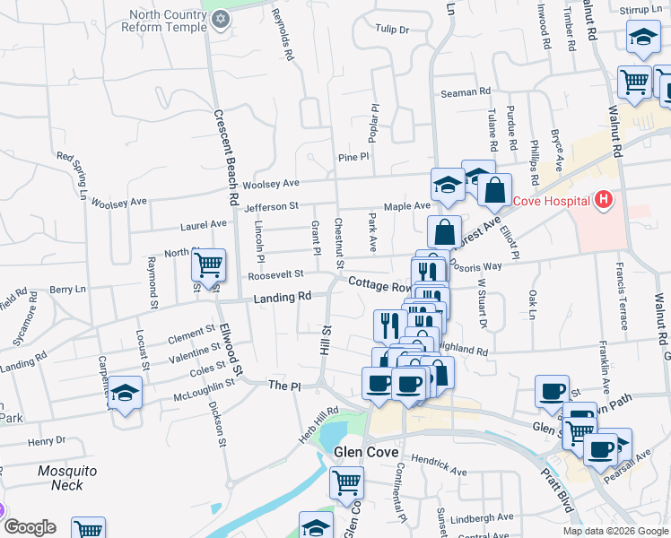 map of restaurants, bars, coffee shops, grocery stores, and more near 2 Roosevelt Street in Glen Cove
