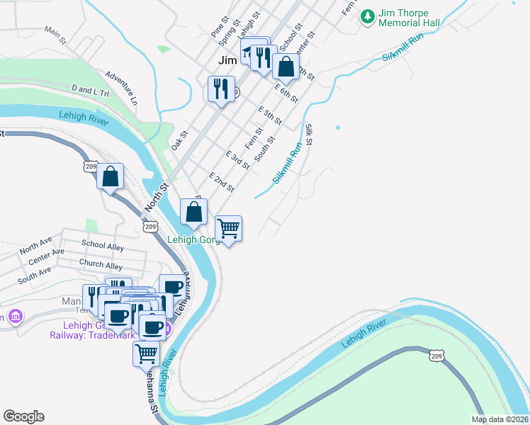 map of restaurants, bars, coffee shops, grocery stores, and more near 139 Silk St in Jim Thorpe