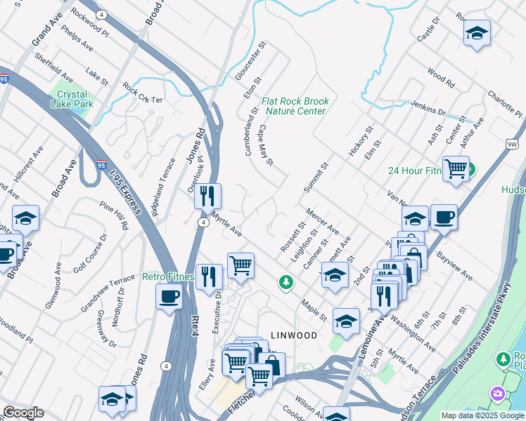 map of restaurants, bars, coffee shops, grocery stores, and more near 19 Oak Trail Road in Englewood