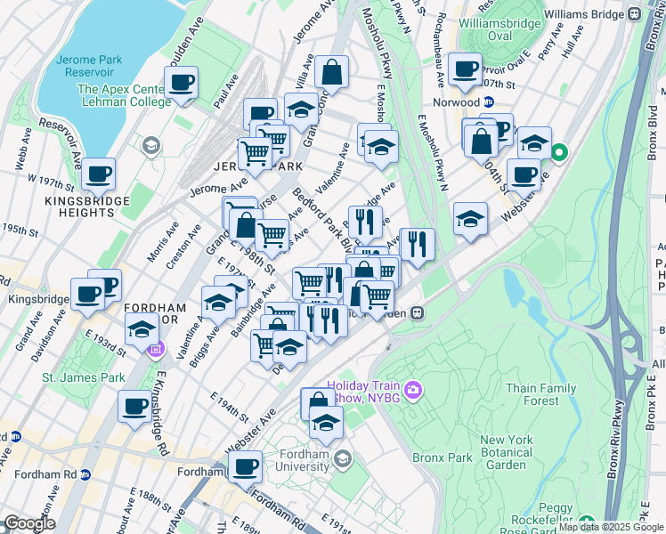 map of restaurants, bars, coffee shops, grocery stores, and more near 330 Bedford Park Boulevard in Bronx