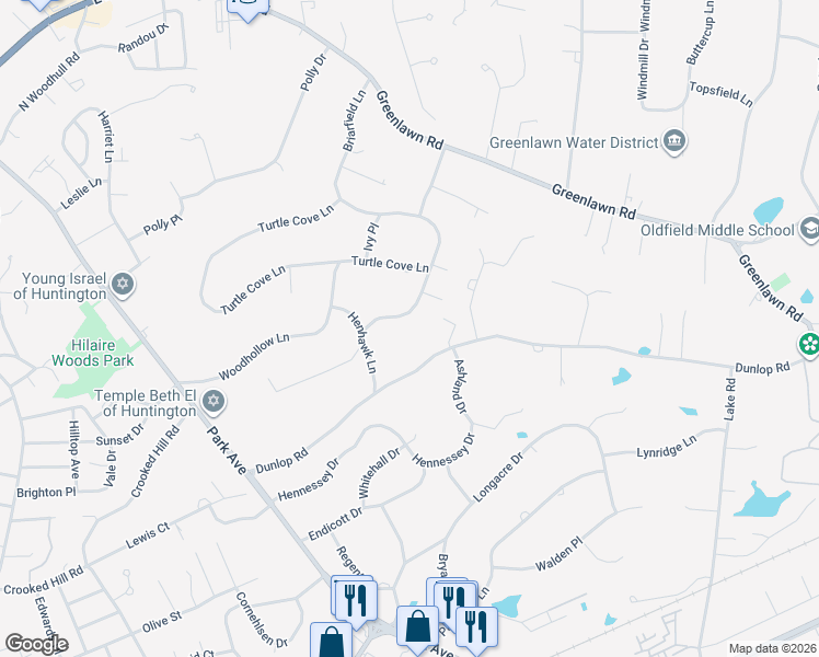 map of restaurants, bars, coffee shops, grocery stores, and more near 9 Briarfield Lane in Huntington