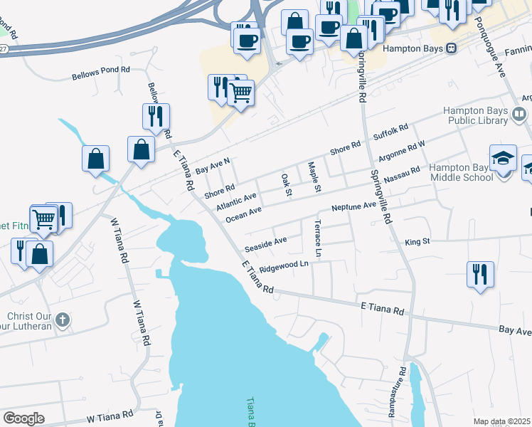 map of restaurants, bars, coffee shops, grocery stores, and more near 45 Ocean Avenue in Hampton Bays