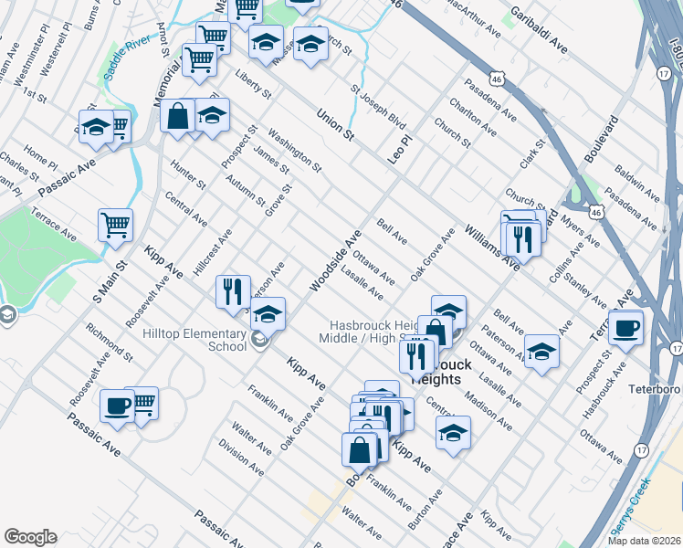 map of restaurants, bars, coffee shops, grocery stores, and more near 72 Lasalle Ave in Hasbrouck Heights