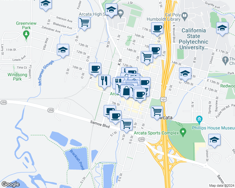 map of restaurants, bars, coffee shops, grocery stores, and more near 819 J Street in Arcata