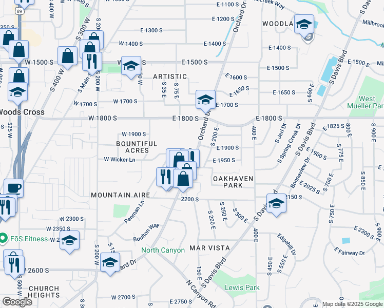 map of restaurants, bars, coffee shops, grocery stores, and more near 116 East Wicker Lane in Bountiful