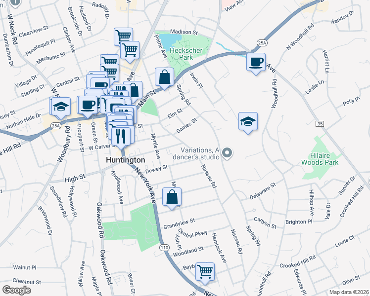 map of restaurants, bars, coffee shops, grocery stores, and more near 74 Fairview Street in Huntington