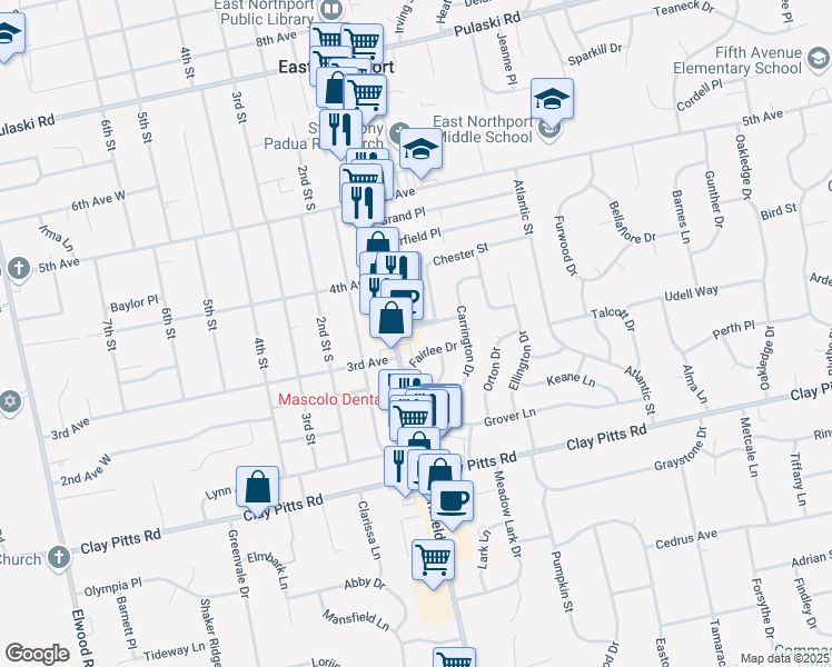 map of restaurants, bars, coffee shops, grocery stores, and more near 4 Allerton Avenue in East Northport