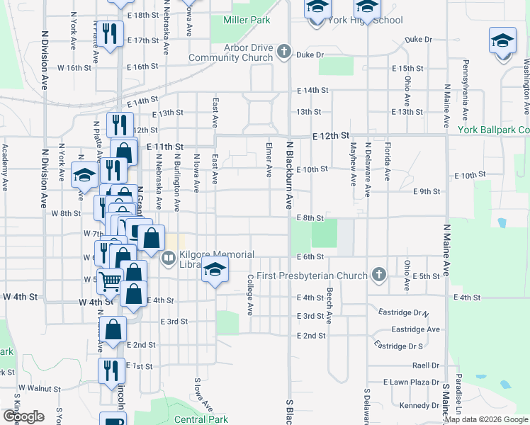map of restaurants, bars, coffee shops, grocery stores, and more near 683 East 8th Street in York