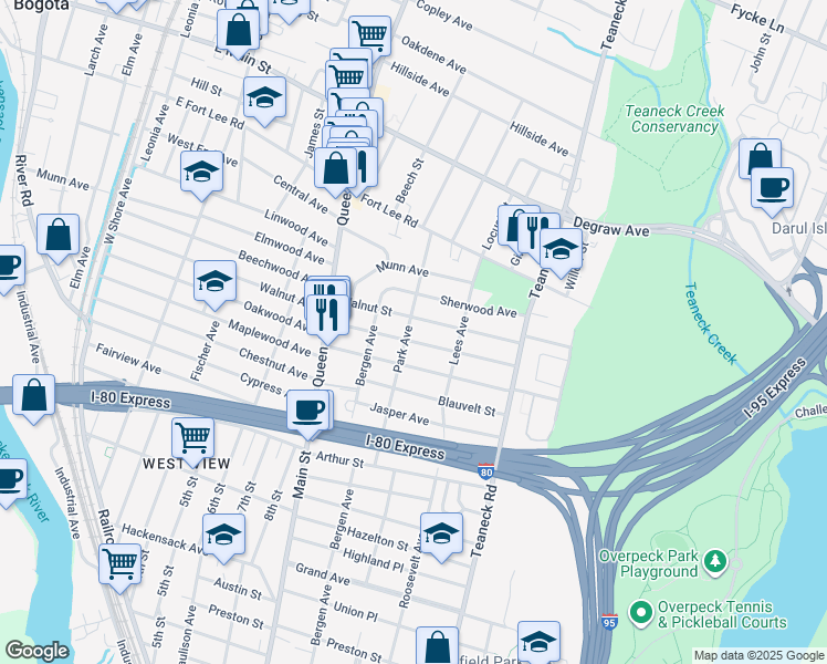 map of restaurants, bars, coffee shops, grocery stores, and more near 159 Park Avenue in Teaneck