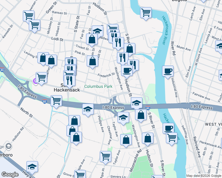 map of restaurants, bars, coffee shops, grocery stores, and more near 54 Blauvelt Place in Hackensack