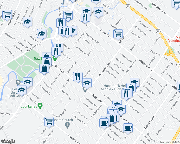 map of restaurants, bars, coffee shops, grocery stores, and more near 135 Central Ave in Lodi