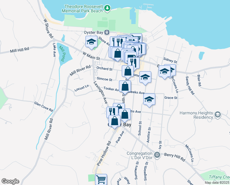 map of restaurants, bars, coffee shops, grocery stores, and more near 31 Tooker Ave in Oyster Bay