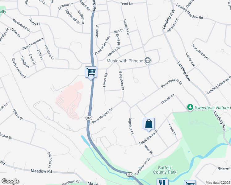 map of restaurants, bars, coffee shops, grocery stores, and more near 8 Overhill Drive in Smithtown