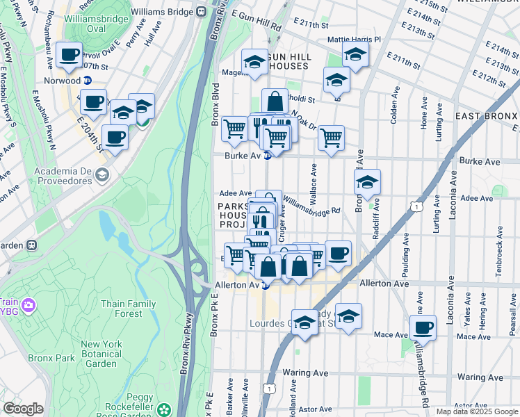 map of restaurants, bars, coffee shops, grocery stores, and more near 2959 White Plains Road in The Bronx