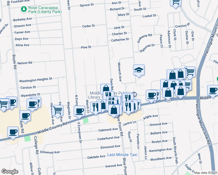 map of restaurants, bars, coffee shops, grocery stores, and more near 36 Dare Road in Selden