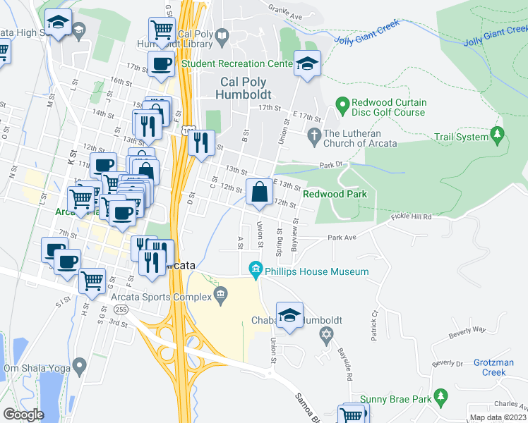 map of restaurants, bars, coffee shops, grocery stores, and more near 1127 Spring Street in Arcata