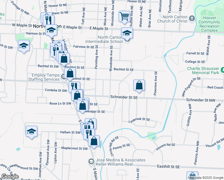 map of restaurants, bars, coffee shops, grocery stores, and more near 936 Woodside Avenue Southeast in North Canton