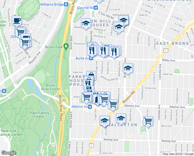 map of restaurants, bars, coffee shops, grocery stores, and more near 2928 Cruger Avenue in Bronx