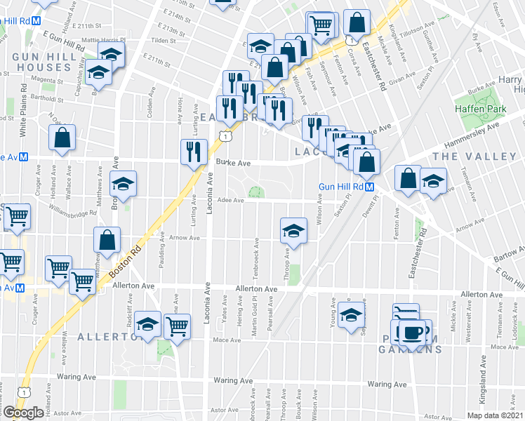 map of restaurants, bars, coffee shops, grocery stores, and more near 2946 Tenbroeck Avenue in The Bronx