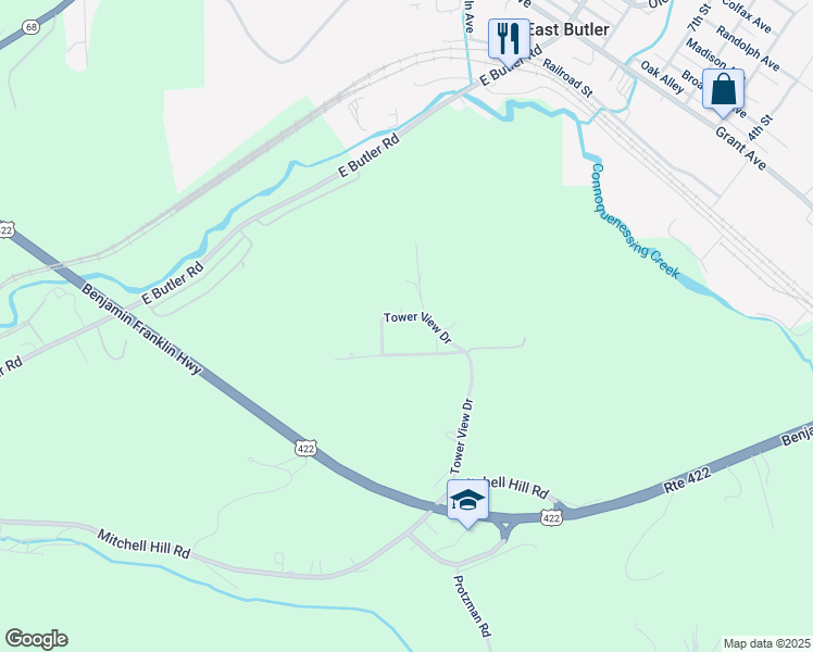 map of restaurants, bars, coffee shops, grocery stores, and more near 139 Tower View Drive in Butler