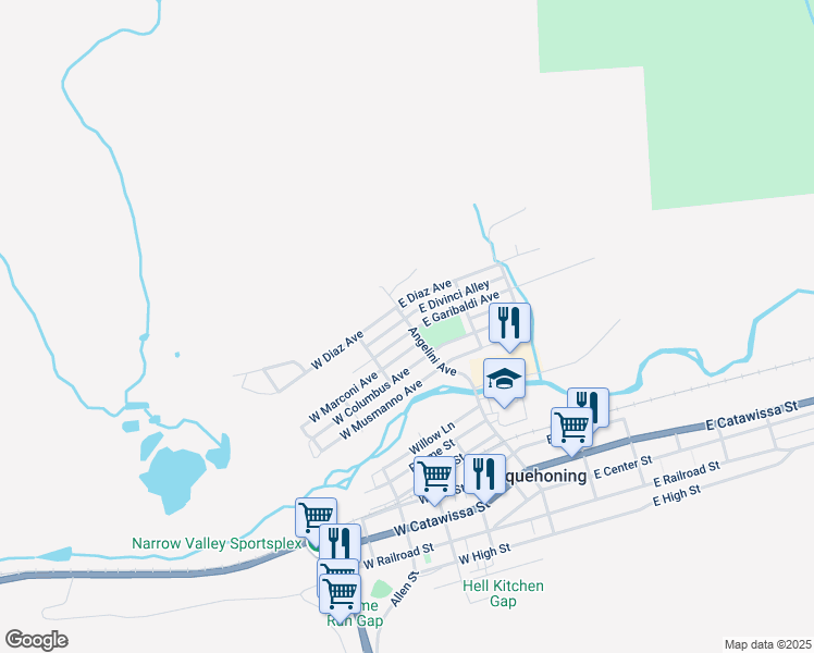 map of restaurants, bars, coffee shops, grocery stores, and more near 1 West Garibaldi Avenue in Nesquehoning