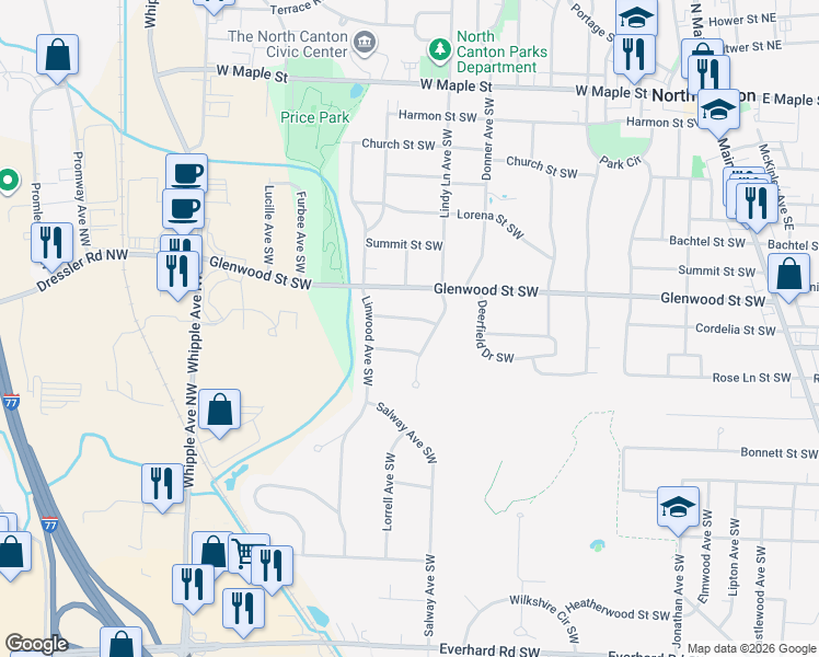 map of restaurants, bars, coffee shops, grocery stores, and more near 826 Oakridge Street Southwest in North Canton