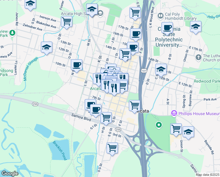 map of restaurants, bars, coffee shops, grocery stores, and more near 865 9th Street in Arcata