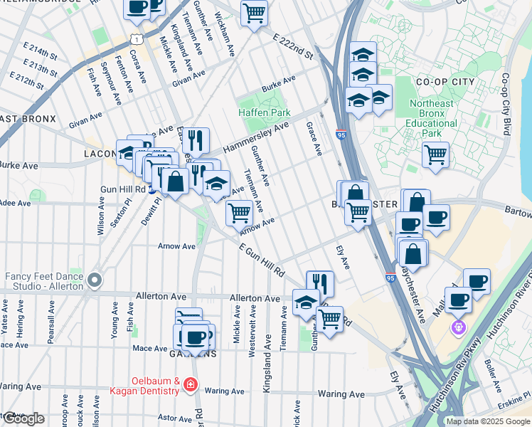 map of restaurants, bars, coffee shops, grocery stores, and more near 2908 Tiemann Avenue in Bronx