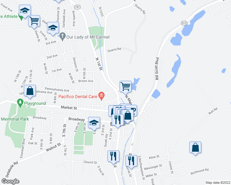 map of restaurants, bars, coffee shops, grocery stores, and more near 110 Pennsylvania Avenue in Bangor