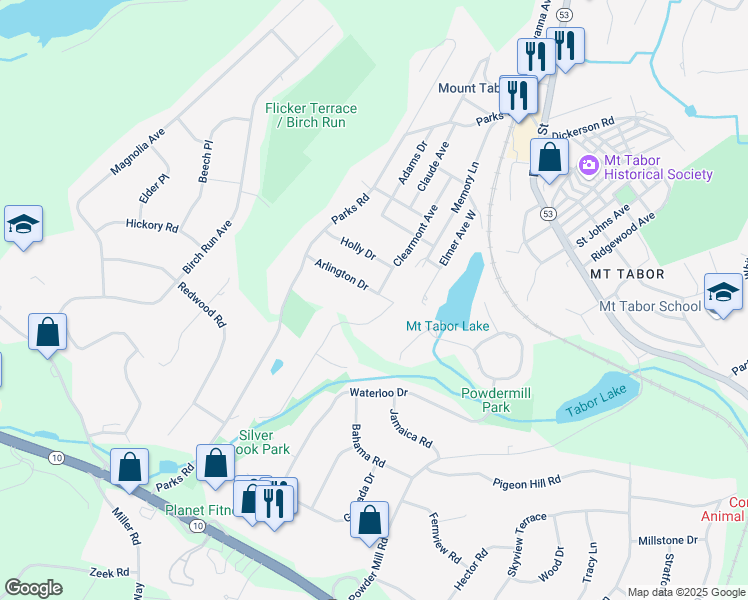map of restaurants, bars, coffee shops, grocery stores, and more near 20 Arlington Drive in Denville