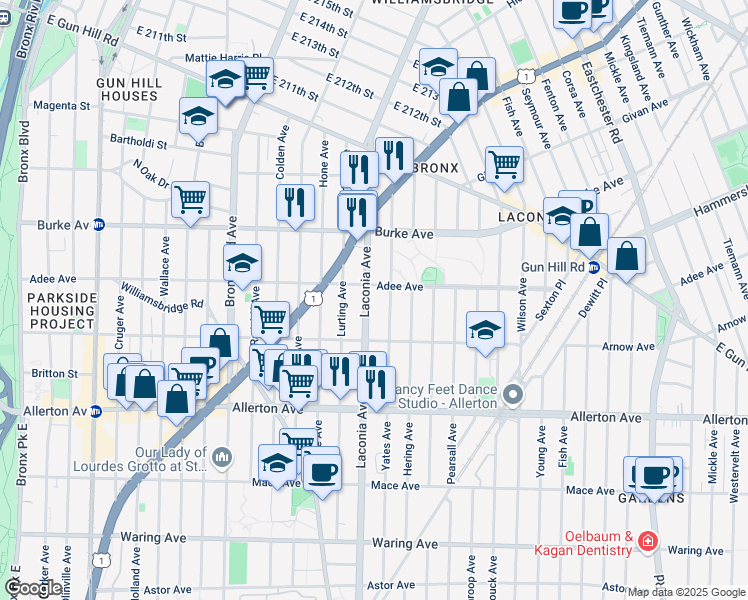 map of restaurants, bars, coffee shops, grocery stores, and more near 2954 Laconia Avenue in Bronx