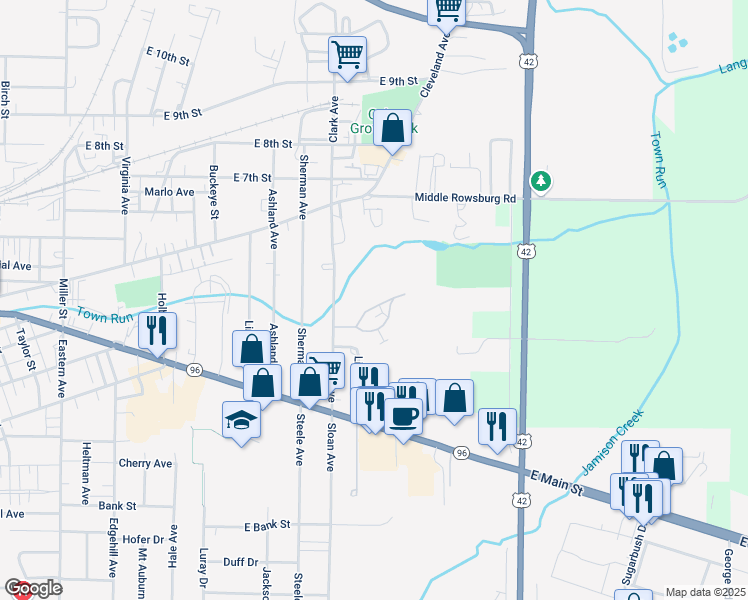 map of restaurants, bars, coffee shops, grocery stores, and more near 1174 Village Lane in Ashland