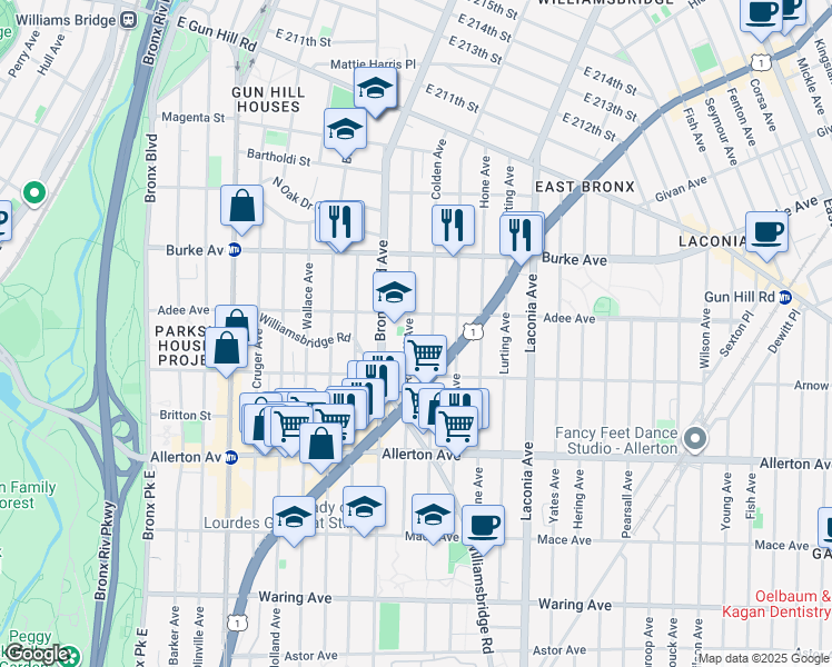 map of restaurants, bars, coffee shops, grocery stores, and more near 2948 Radcliff Avenue in Bronx
