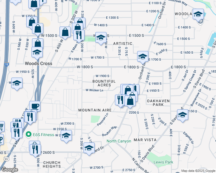 map of restaurants, bars, coffee shops, grocery stores, and more near 55 West 1950 South in Bountiful