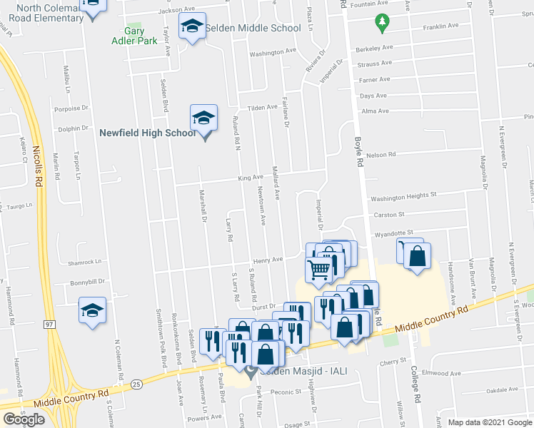map of restaurants, bars, coffee shops, grocery stores, and more near 17 South Newtown Avenue in Selden