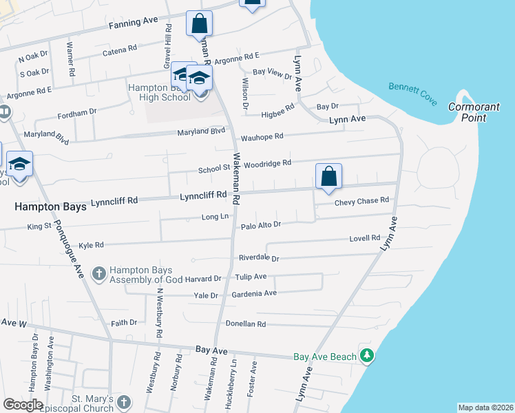 map of restaurants, bars, coffee shops, grocery stores, and more near 5 Wakeman Court in Hampton Bays