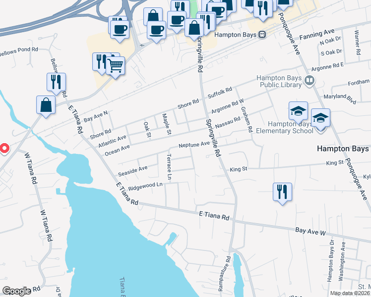 map of restaurants, bars, coffee shops, grocery stores, and more near 42 Neptune Avenue in Hampton Bays