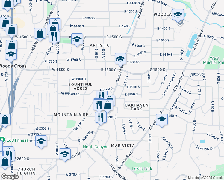 map of restaurants, bars, coffee shops, grocery stores, and more near 116 East Wicker Lane in Bountiful