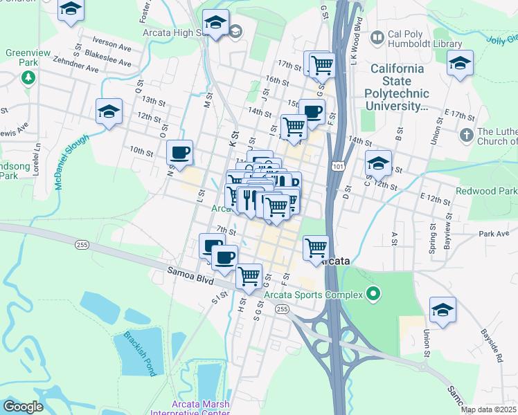map of restaurants, bars, coffee shops, grocery stores, and more near 865 9th Street in Arcata