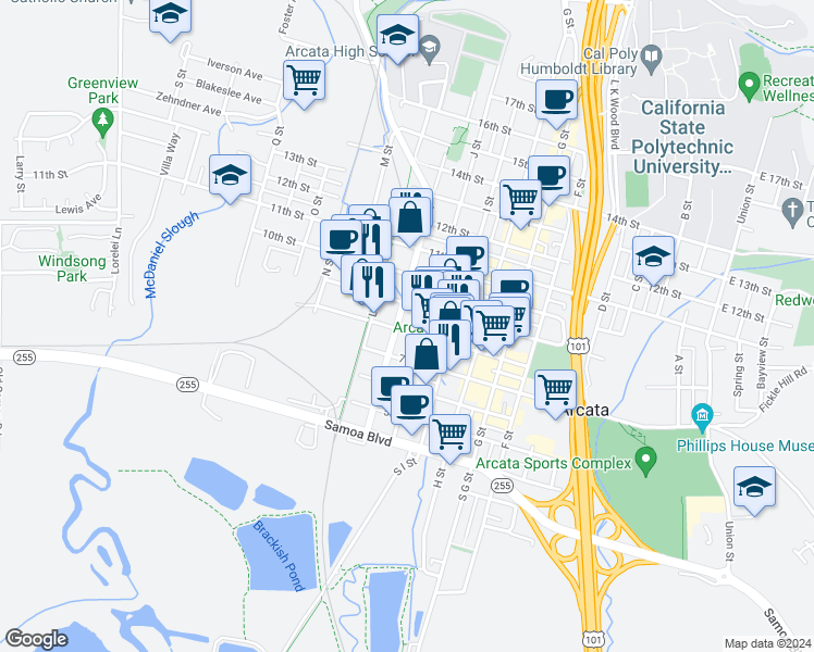 map of restaurants, bars, coffee shops, grocery stores, and more near 801 K Street in Arcata