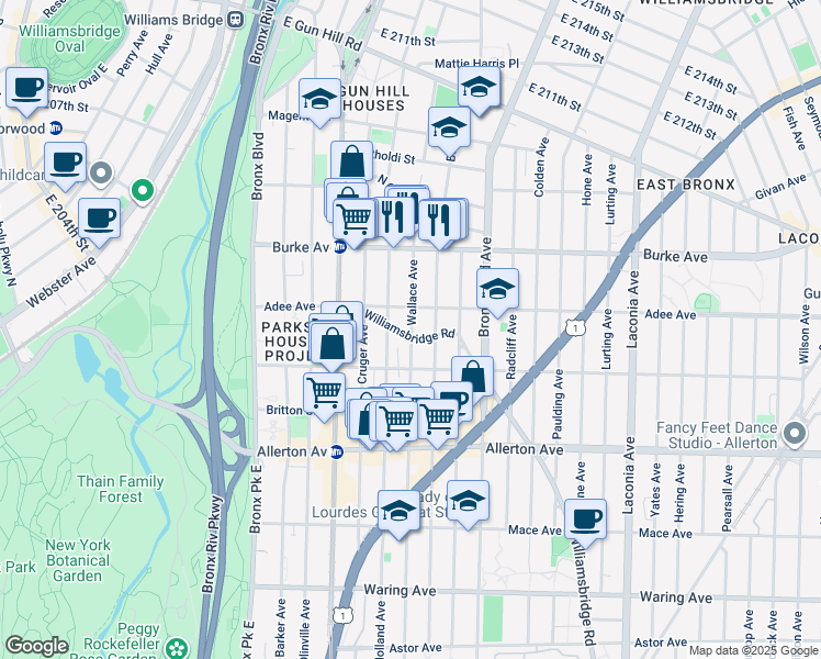 map of restaurants, bars, coffee shops, grocery stores, and more near 3020 Williamsbridge Road in The Bronx