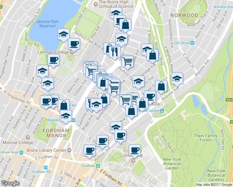 map of restaurants, bars, coffee shops, grocery stores, and more near 271 East 198th Street in Bronx