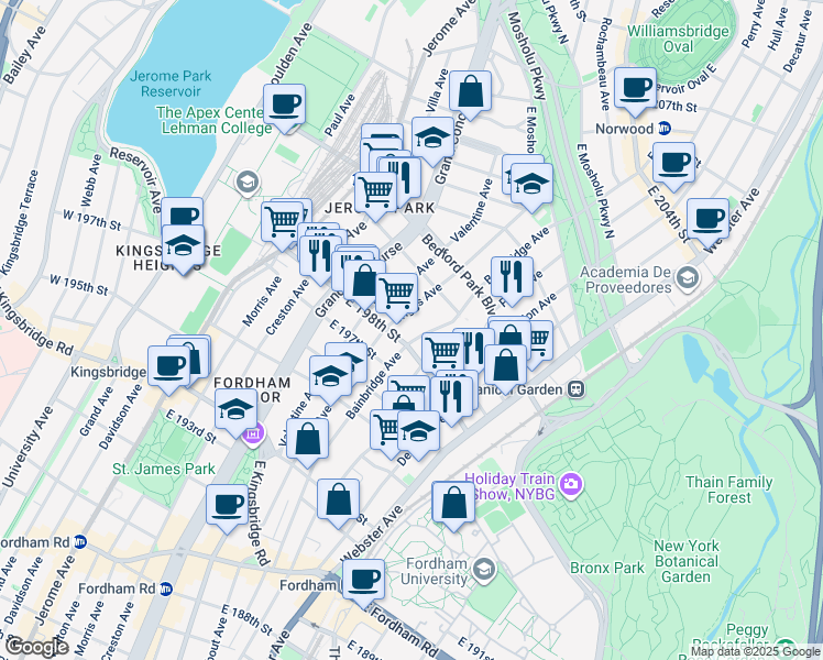 map of restaurants, bars, coffee shops, grocery stores, and more near 271 East 198th Street in Bronx