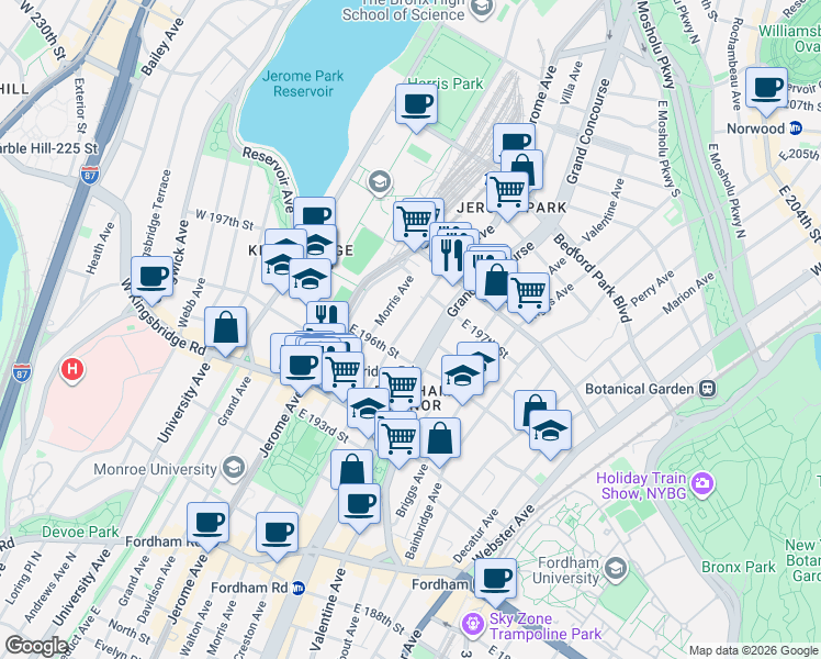 map of restaurants, bars, coffee shops, grocery stores, and more near 2781 Grand Concourse in The Bronx